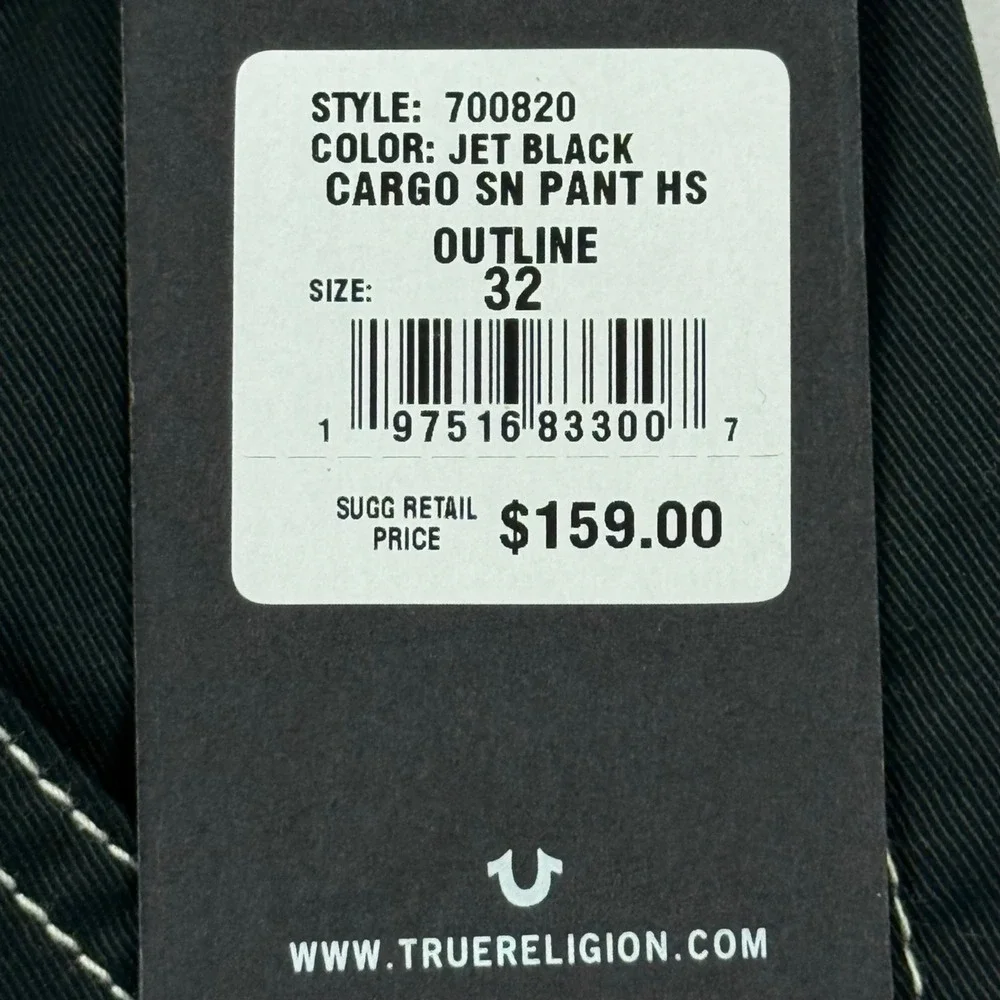 True Religion Men's Straight Leg Outline Jet Black Cargo Pants 32x32 NWT $159.00